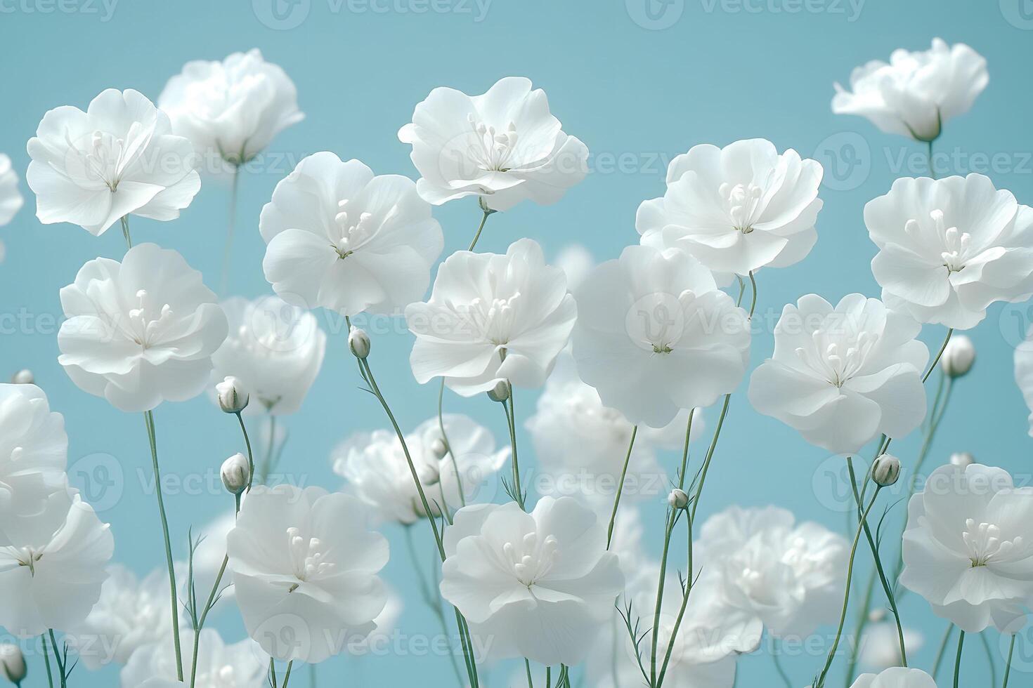 Elegant White Flowers Against a Tranquil Blue Sky Backdrop for Nature-Themed Design photo