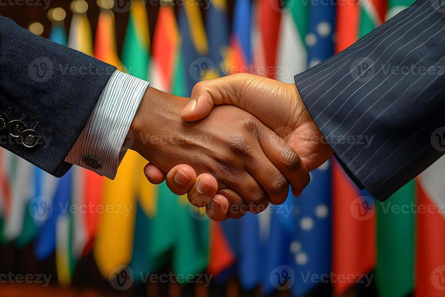 Multicultural Business Handshake Against World Flags Background for International Cooperation Theme photo