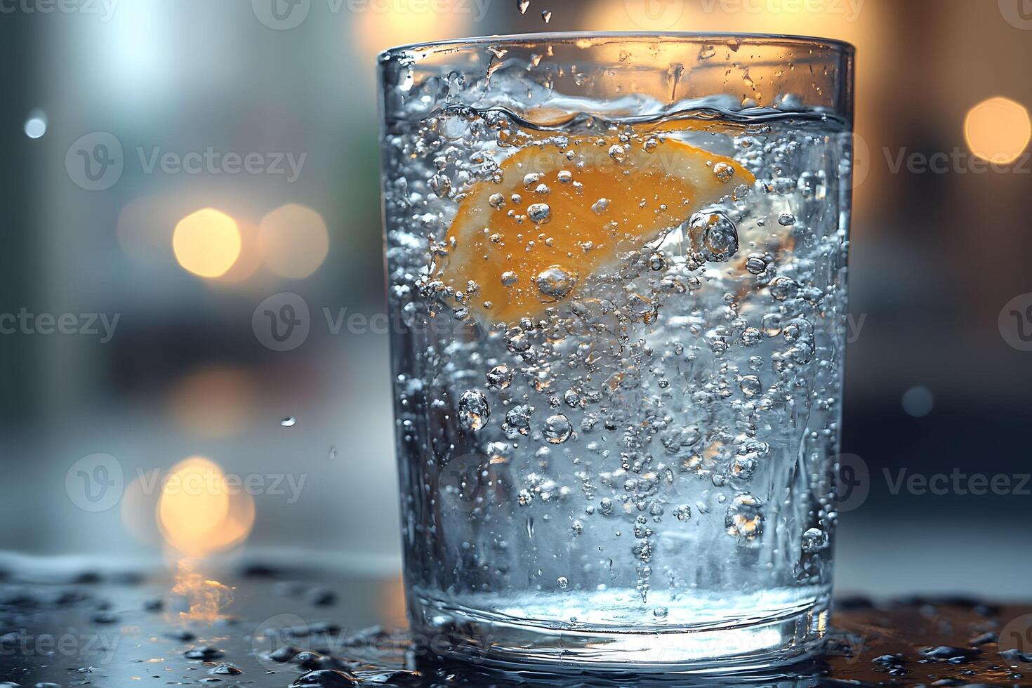 Refreshing Citrus Beverage with Bubbles in Crystal Glass for Modern Design photo
