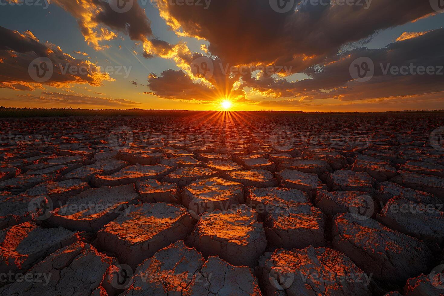 Dramatic Sunset Over Cracked Earth Landscape Highlighting Climate Change and Drought photo