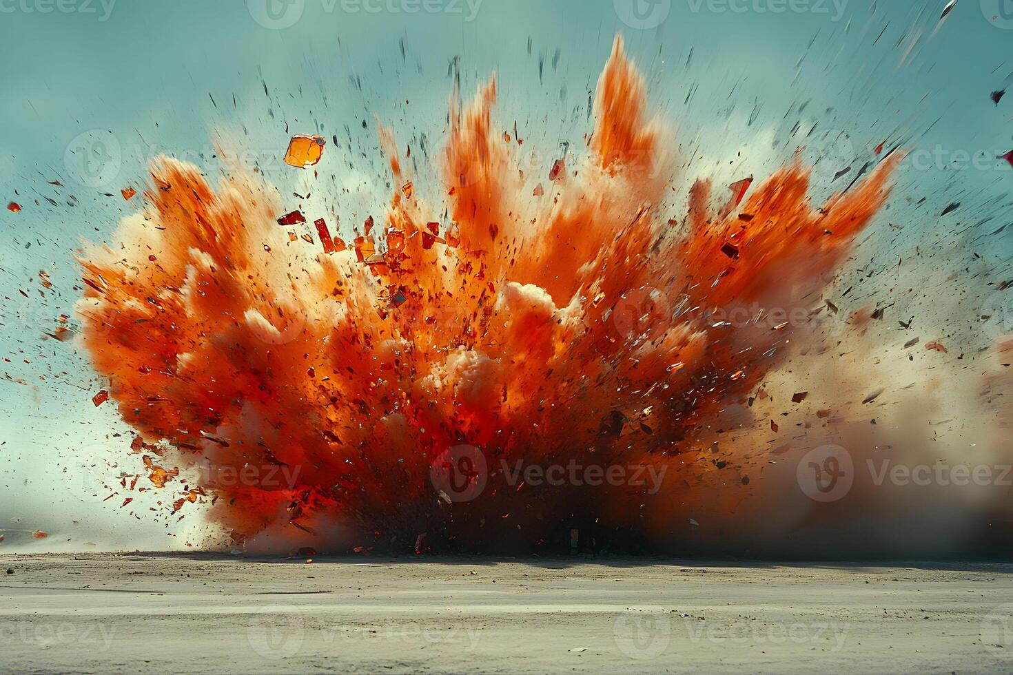 Powerful Explosion Scene with Dynamic Debris and Orange Smoke Plume photo