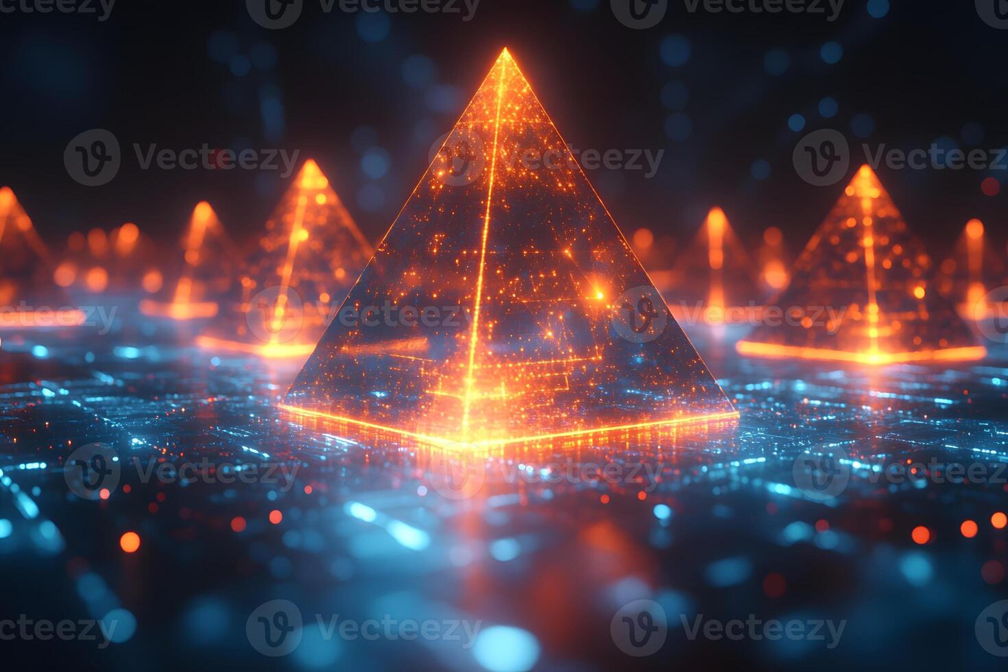 Futuristic Glowing Pyramids in Digital Matrix - Sci-Fi Concept, Technology Background photo