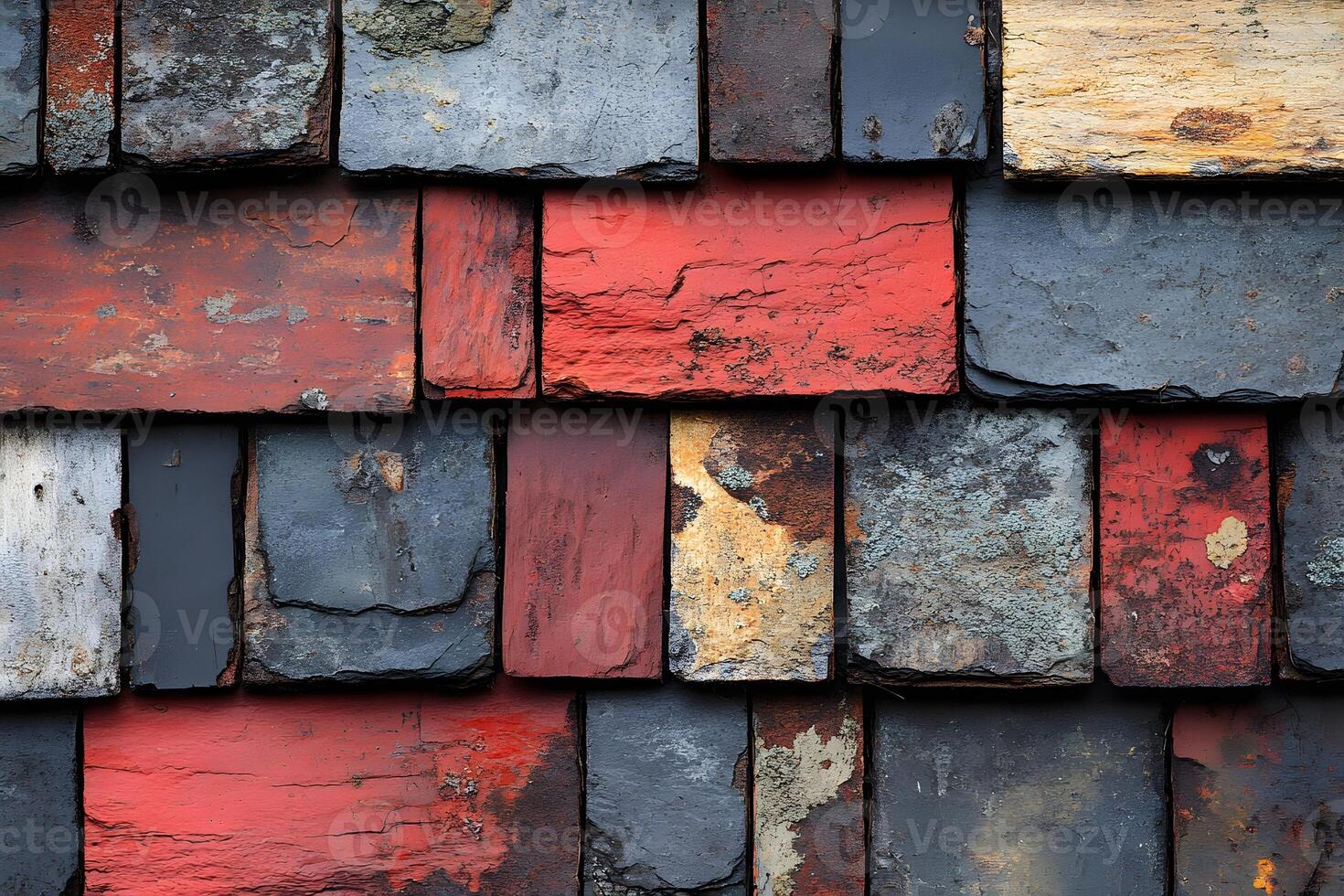 Rustic Textured Slate Roof Tiles in Weathered Red and Gray Tones for Architectural Design photo