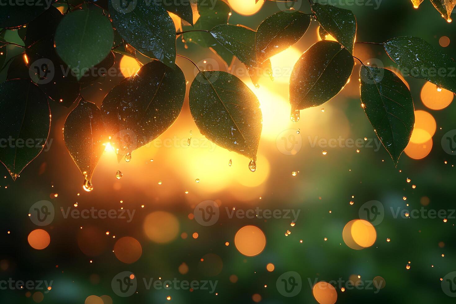 Serene Nature Backdrop with Dew-Kissed Leaves and Glowing Bokeh Effect photo