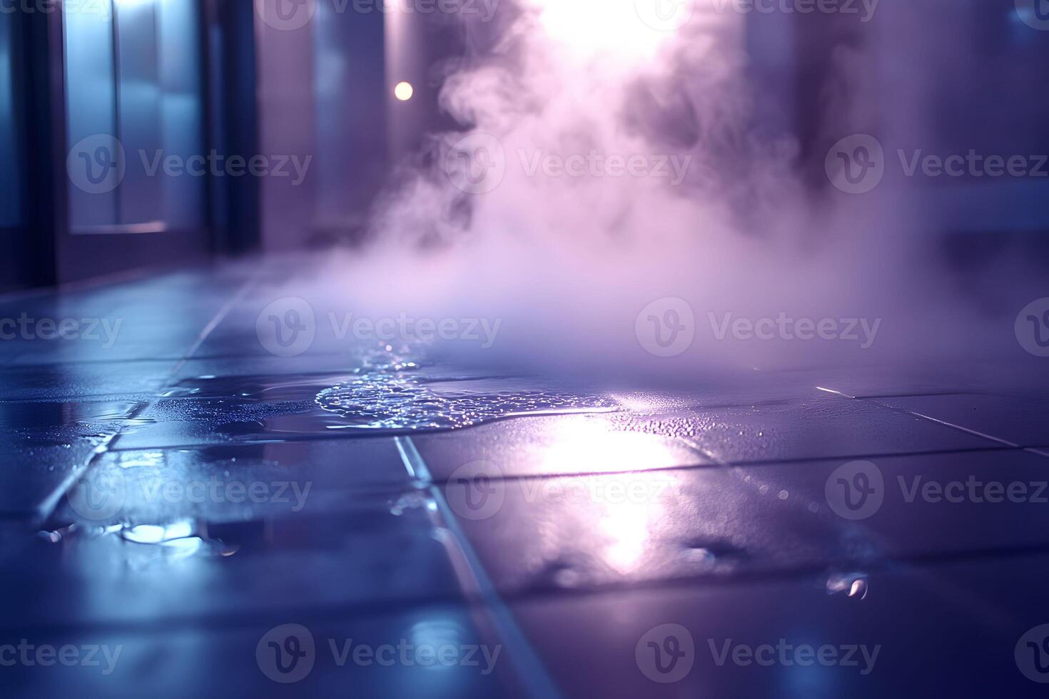 Moody Urban Atmosphere with Steam Rising from Wet Pavement photo