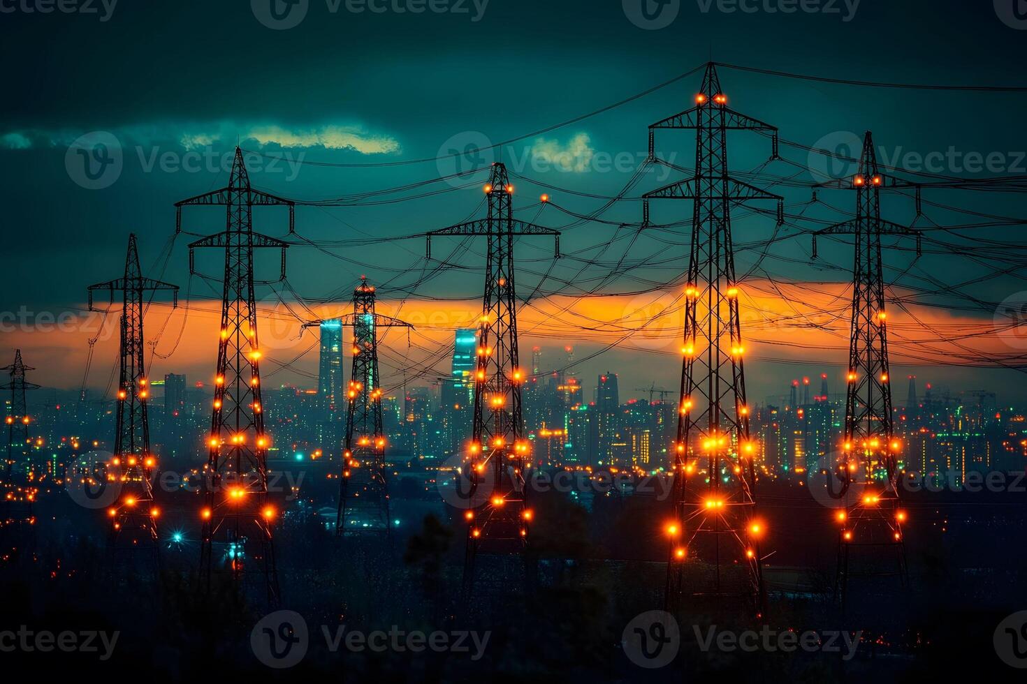 Urban Power Infrastructure at Dusk Electric Cityscape for Energy Themes and Print Design photo