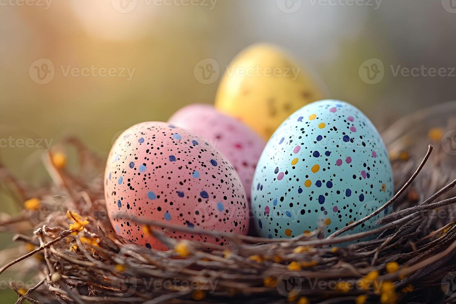 Vibrant Easter Eggs Nestled in a Rustic Nature Setting - Perfect for Holiday Decorations and Design photo