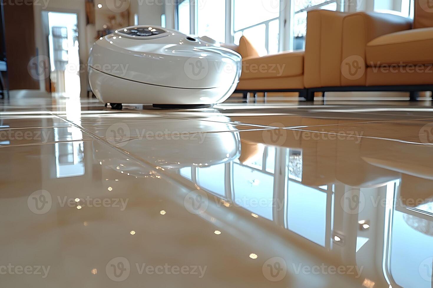 Modern Smart Vacuum Cleaner Navigating a Stylish Living Room with Tile Flooring photo