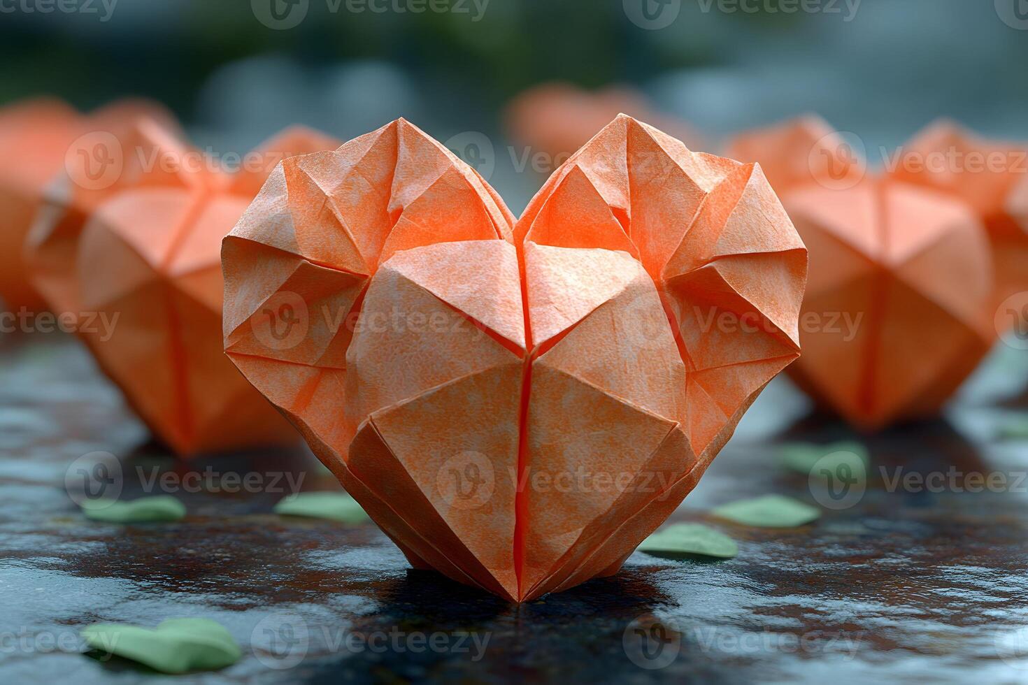 Origami Heart Paper Art on Reflective Surface with Soft Focus Background photo