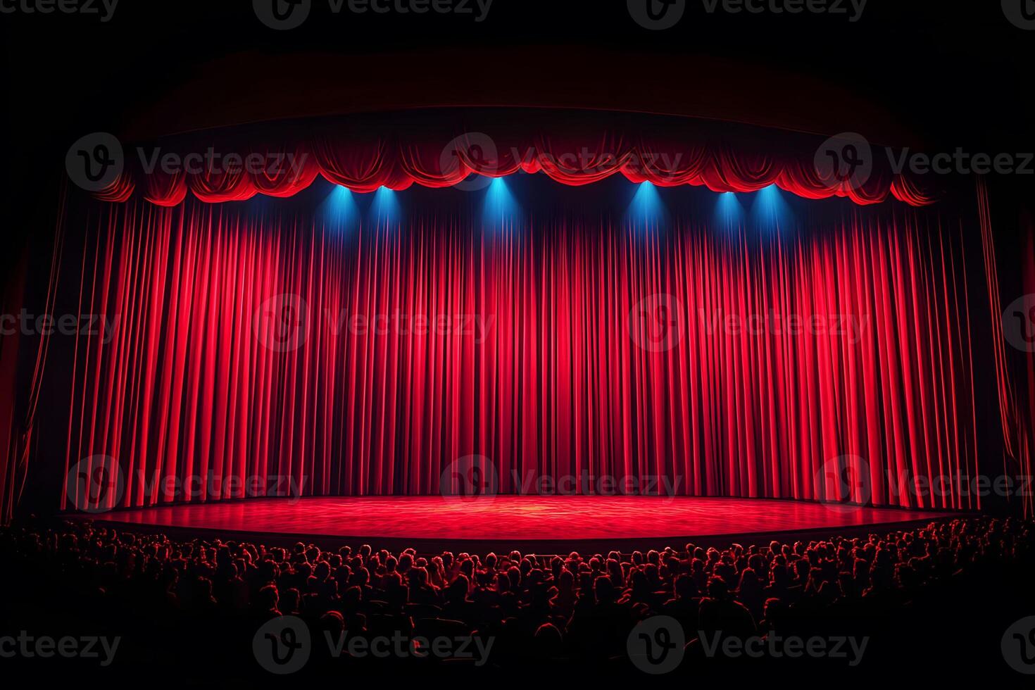 Dramatic Red Theater Curtain Illuminated on Stage for Performance, Film, or Event Design photo