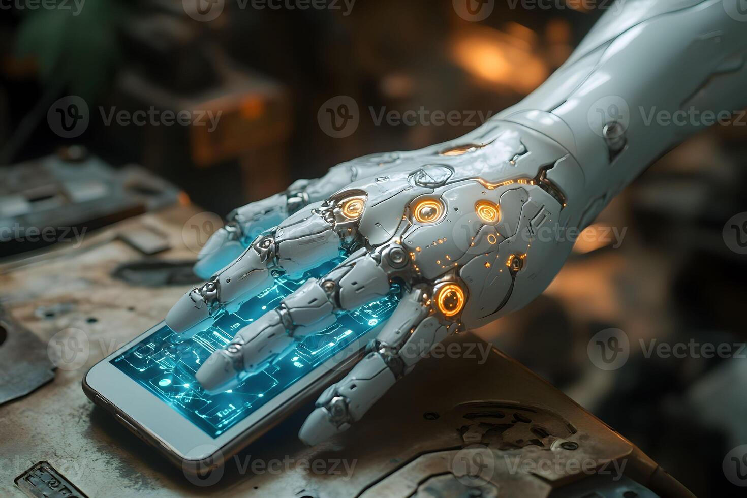 Futuristic Robotic Hand Interacting with Touchscreen Technology for Innovative Design Concepts photo