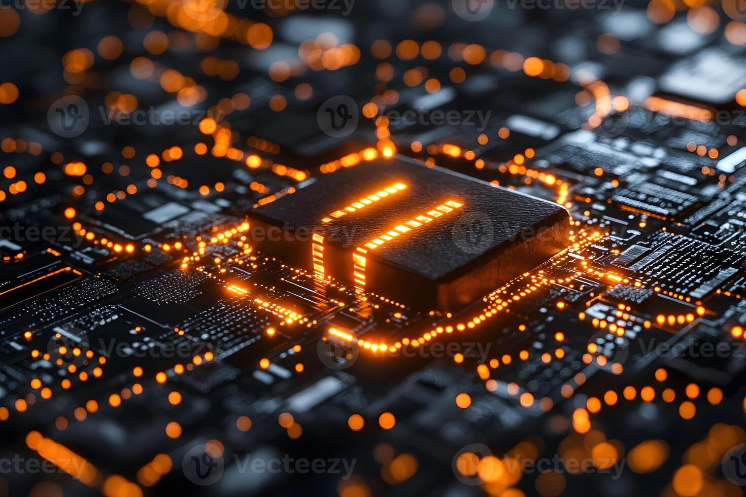 Futuristic Microchip on Circuit Board with Glowing Orange Lights for Technology Design photo