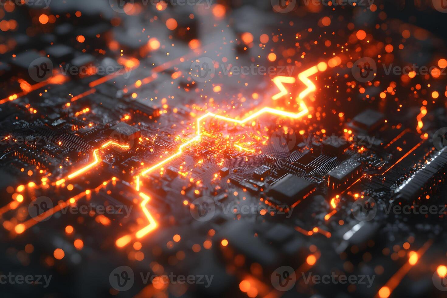 Futuristic Circuit Board with Glowing Orange Energy Sparks for Technology Design photo
