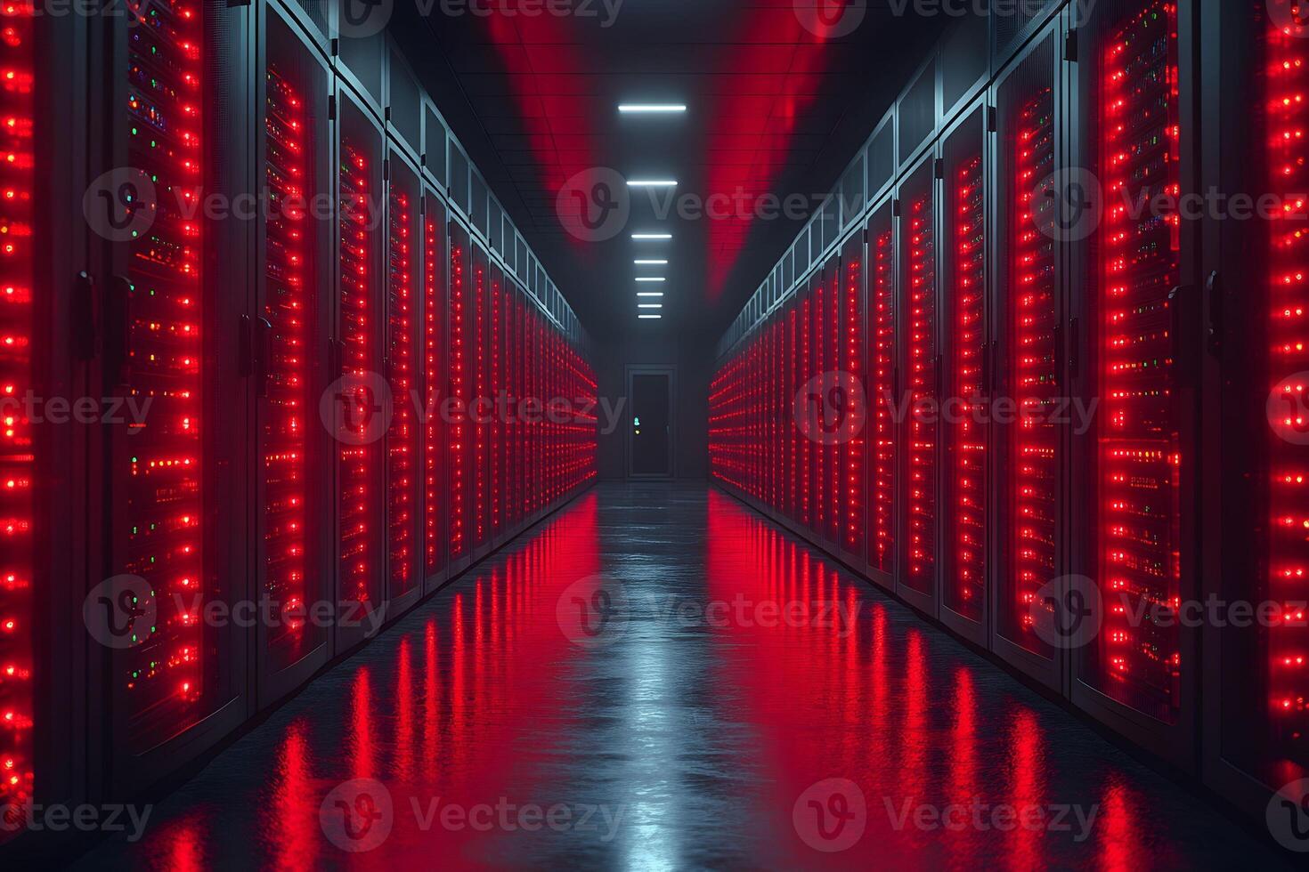 Futuristic Data Center Corridor with Red LED Lights for Technology and Information Systems photo