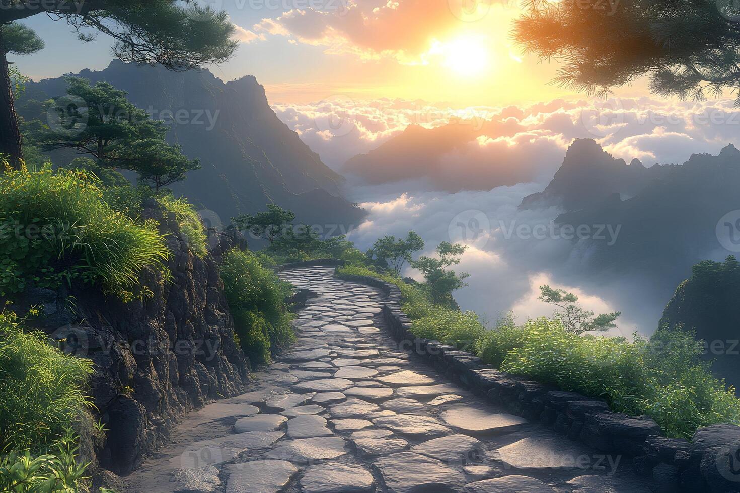 Serene Mountain Pathway at Sunrise with Lush Greenery and Mystical Clouds photo