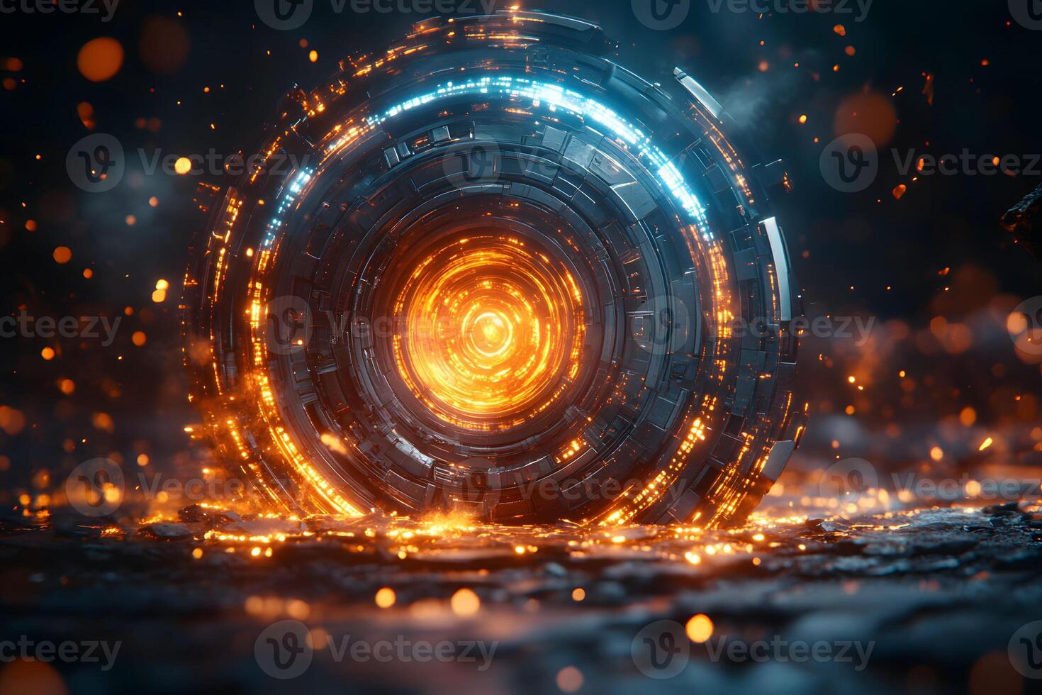 Futuristic Glowing Orb with Fiery Sparks in a Sci-Fi Setting for Digital or Print Design photo