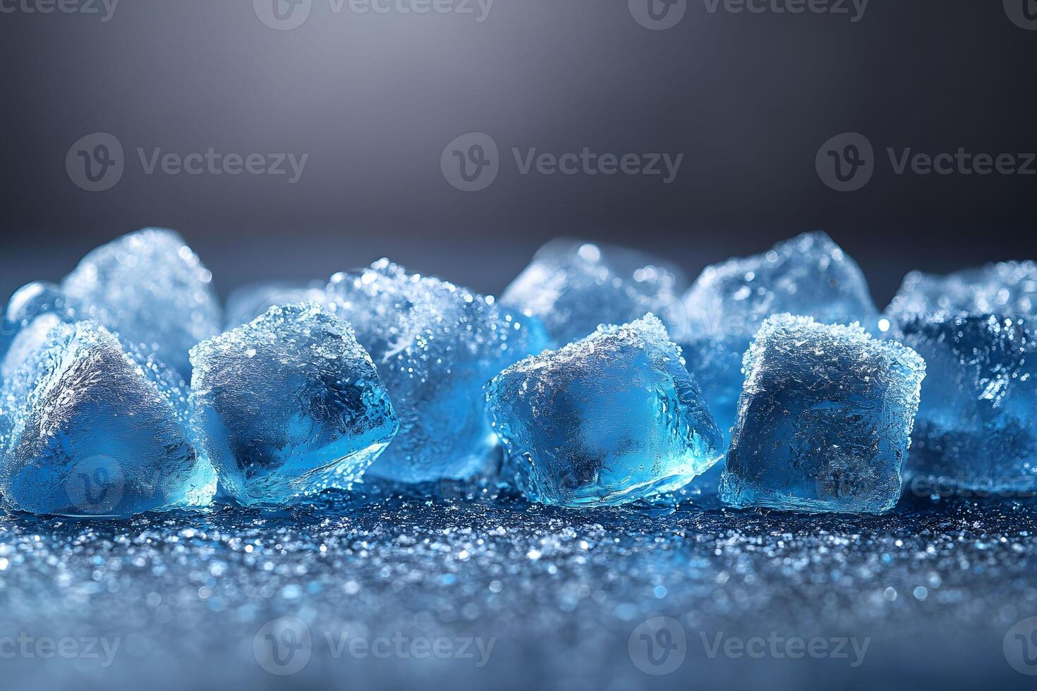 Glowing Blue Ice Cubes on Reflective Surface for Refreshing Winter Designs photo