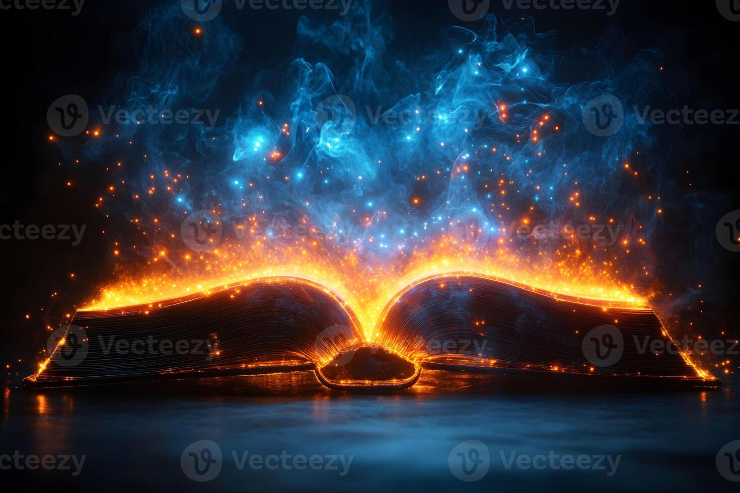 Magical Open Book with Fiery Glow and Mystical Blue Smoke for Fantasy Concept Design photo