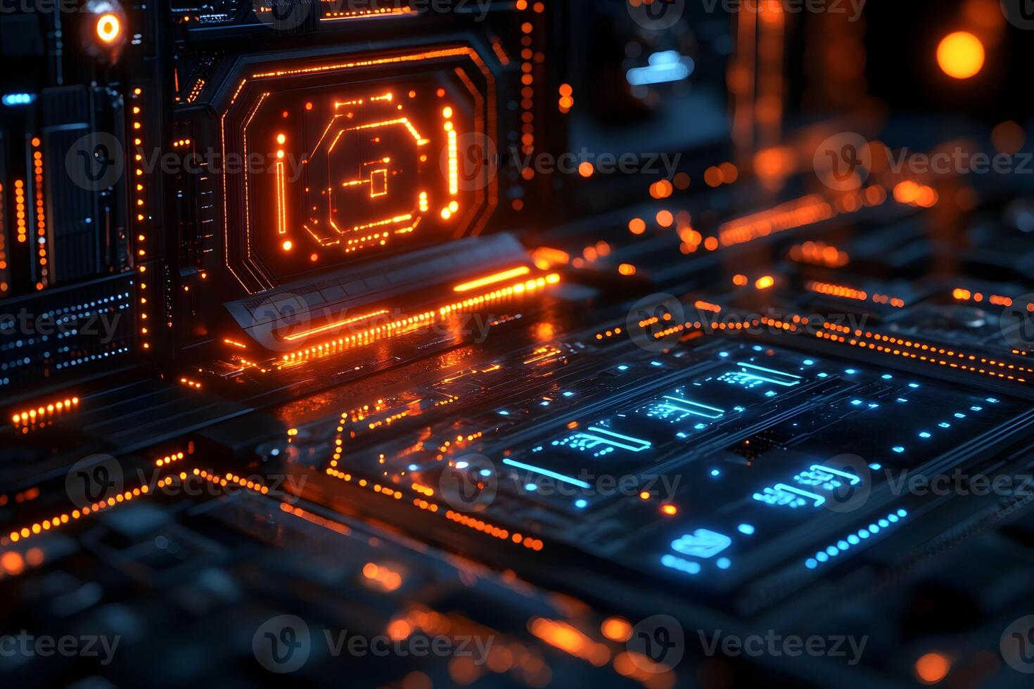 Futuristic Digital Circuit Board with Glowing Orange and Blue Elements for Technology Design photo