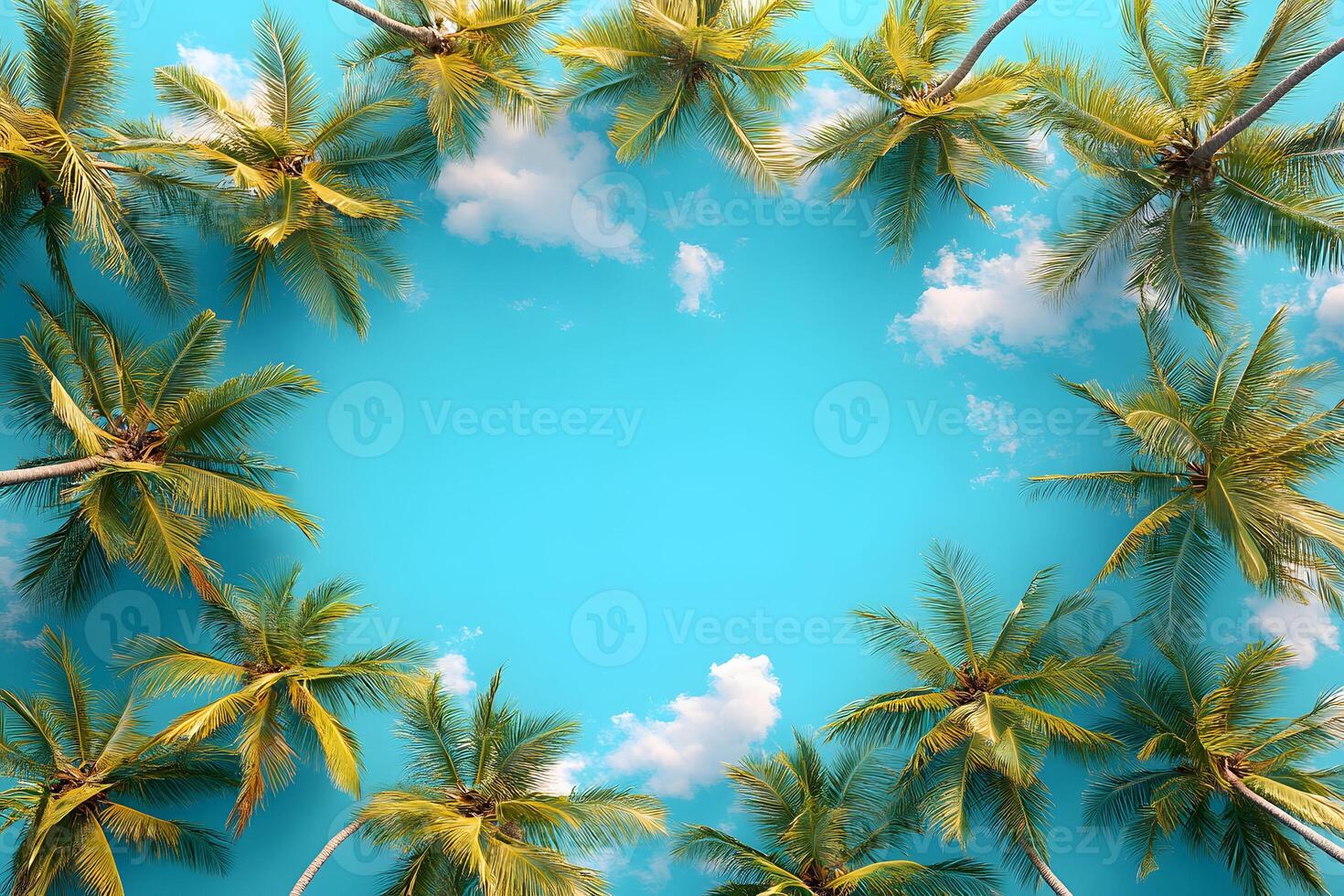 Tropical Palm Tree Frame Under Vibrant Blue Sky with Clouds for Summer Design photo