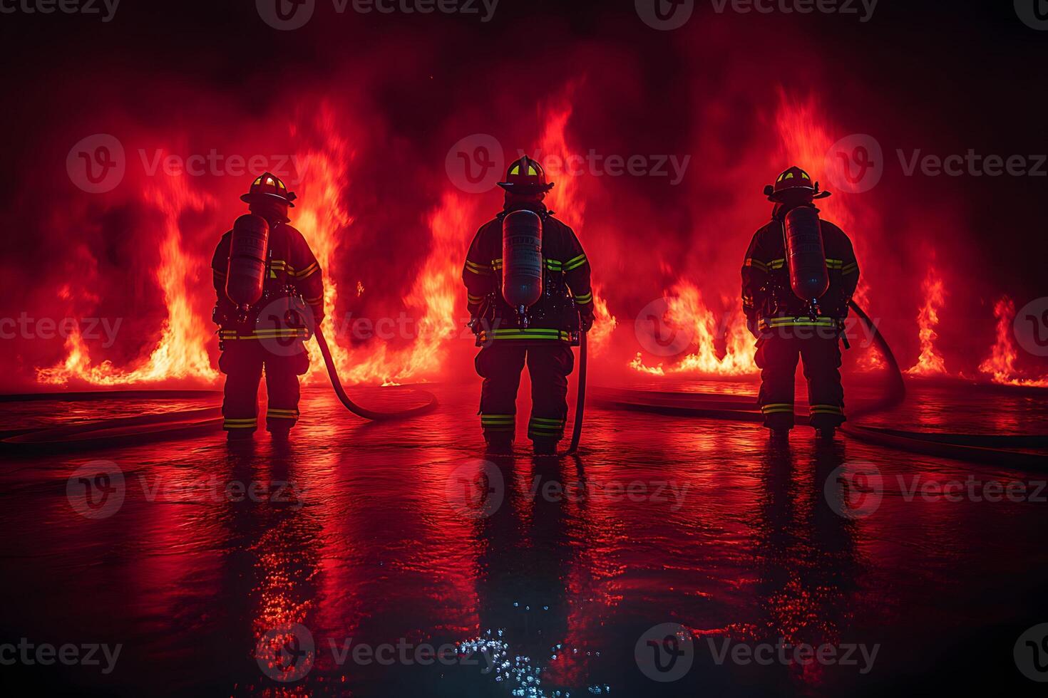 Heroic Firefighters Battling Intense Flames in Nighttime Emergency Response Scene photo