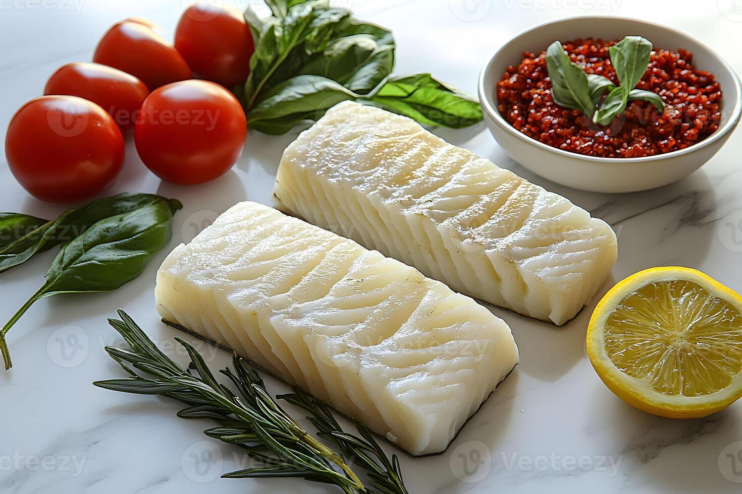 Fresh Cod Fillets with Ingredients for a Delicious Italian Dinner photo