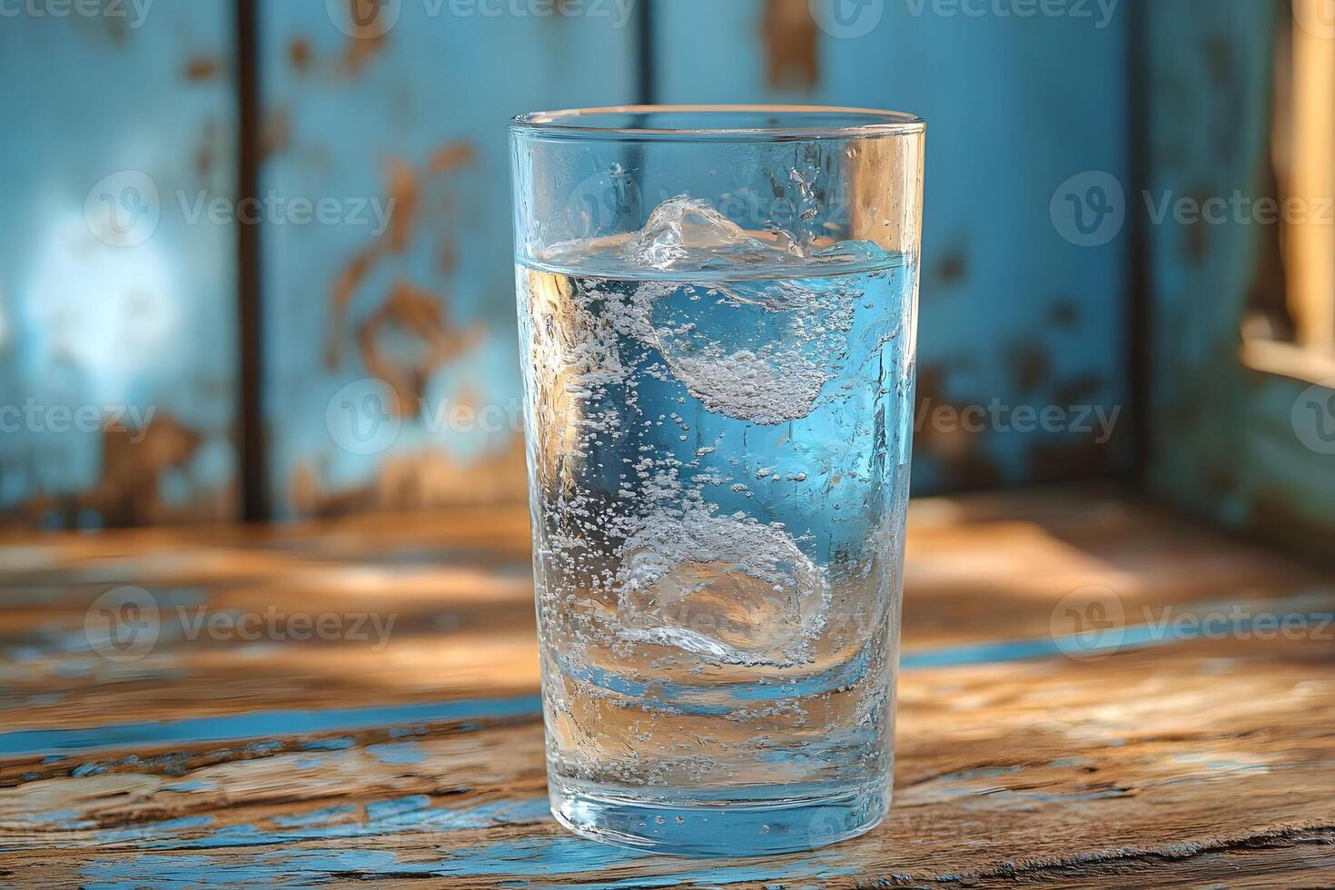 Glass of Refreshing Sparkling Water on Rustic Wooden Table photo