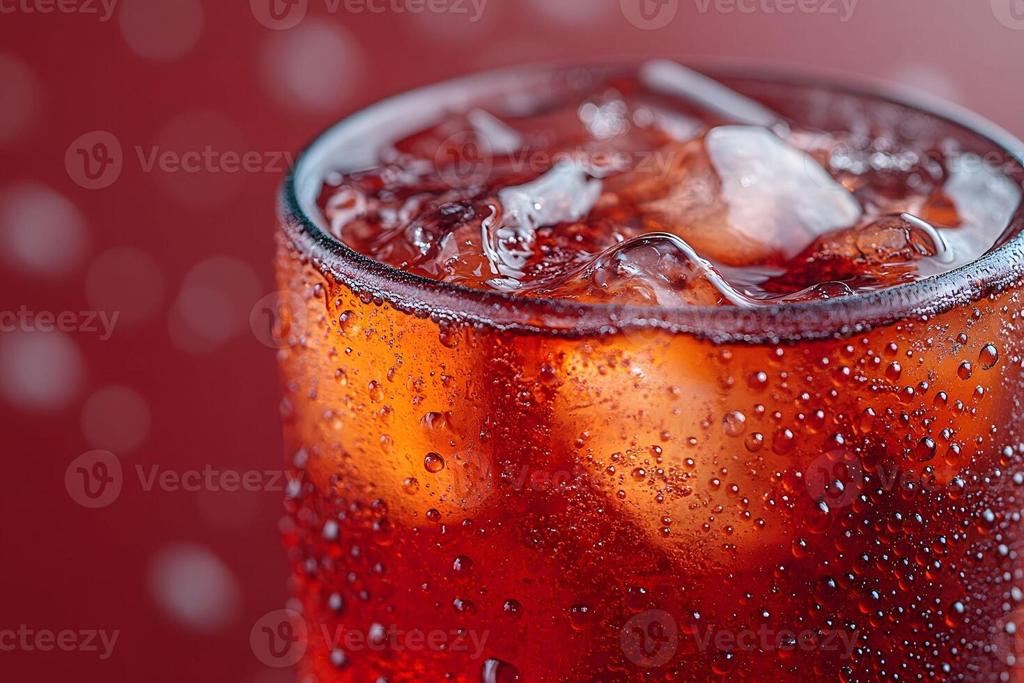 Refreshing Iced Beverage with Bubbles Against Vibrant Red Background photo
