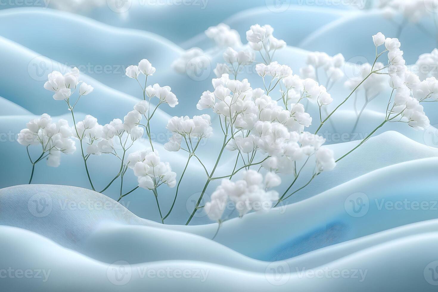 Delicate White Flowers on Soft Blue Waves for Tranquil Nature-Inspired Decor photo