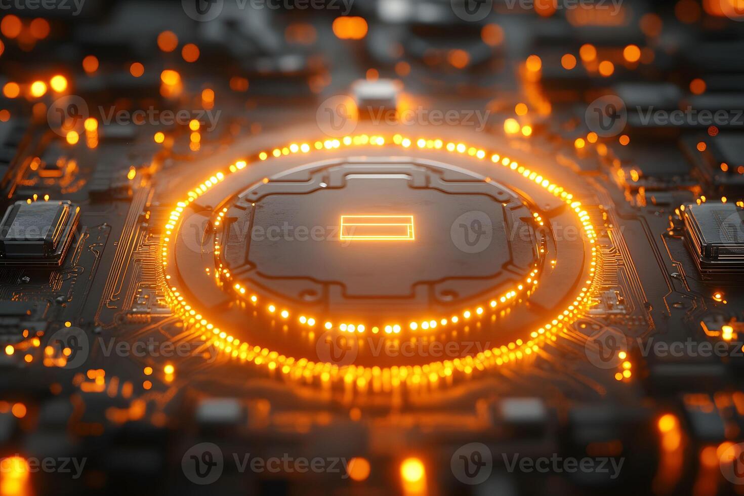 Futuristic Cyber Technology Circuit Board with Glowing Orange LED Lights for Innovative Design photo
