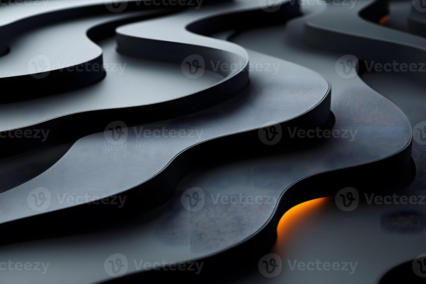 Abstract Modern Architecture with Curved Metallic Layers and Soft Lighting photo