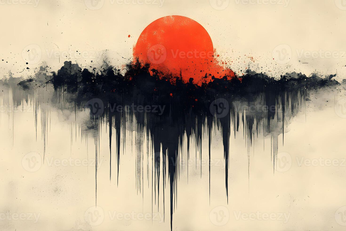 Abstract Expressionism Artwork Featuring a Vibrant Red Sun with Intricate Black Brush Strokes photo
