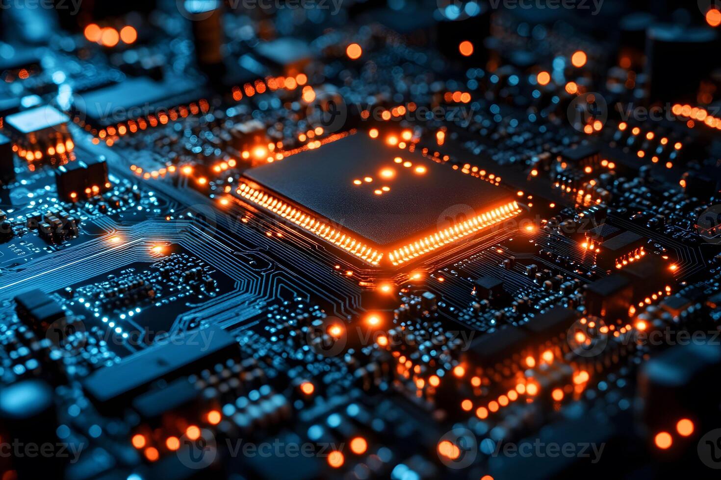 Advanced Microchip Technology with Glowing Circuit Board for Innovative Electronics Design photo