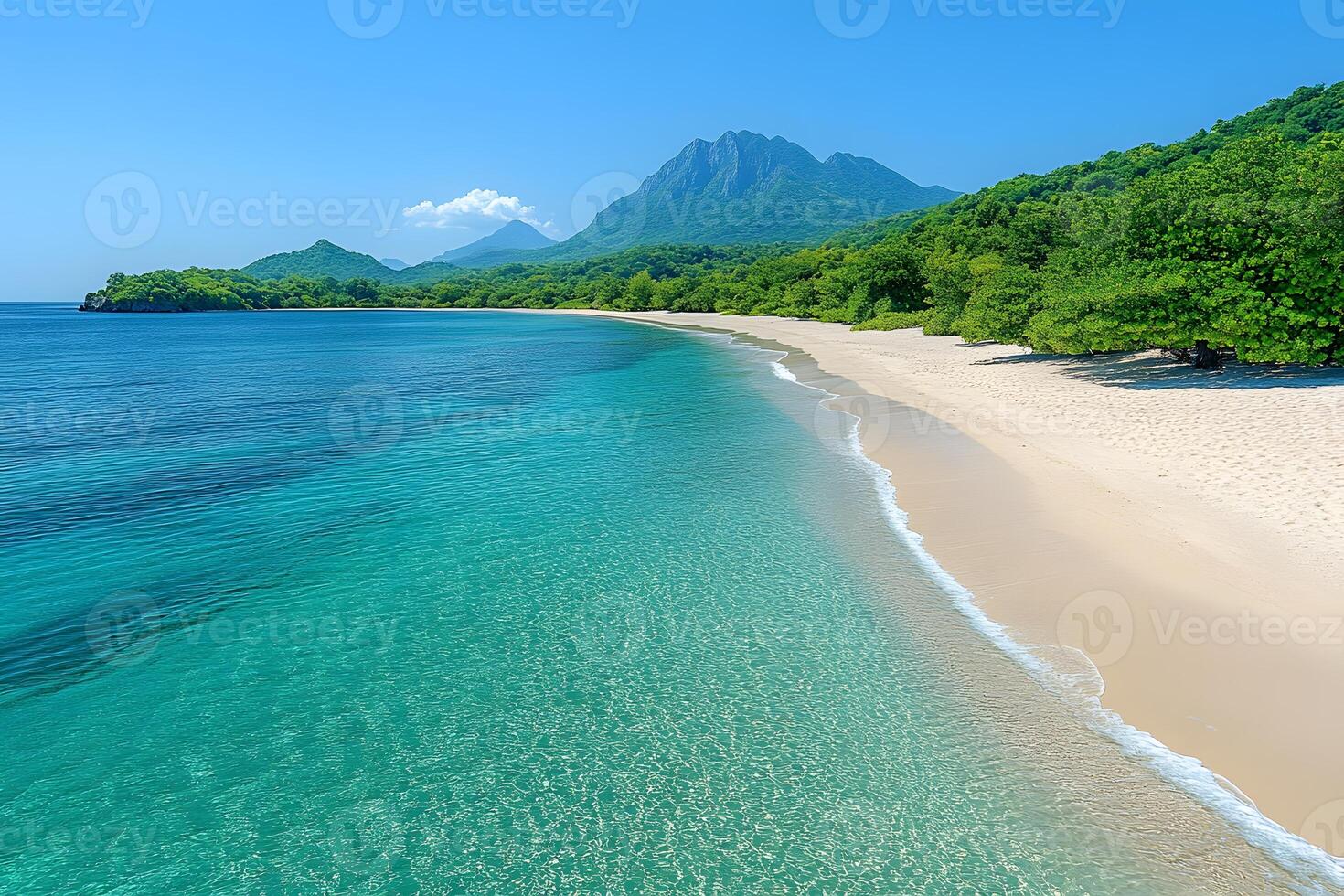 Tranquil Tropical Beach with Lush Greenery and Mountain Views photo