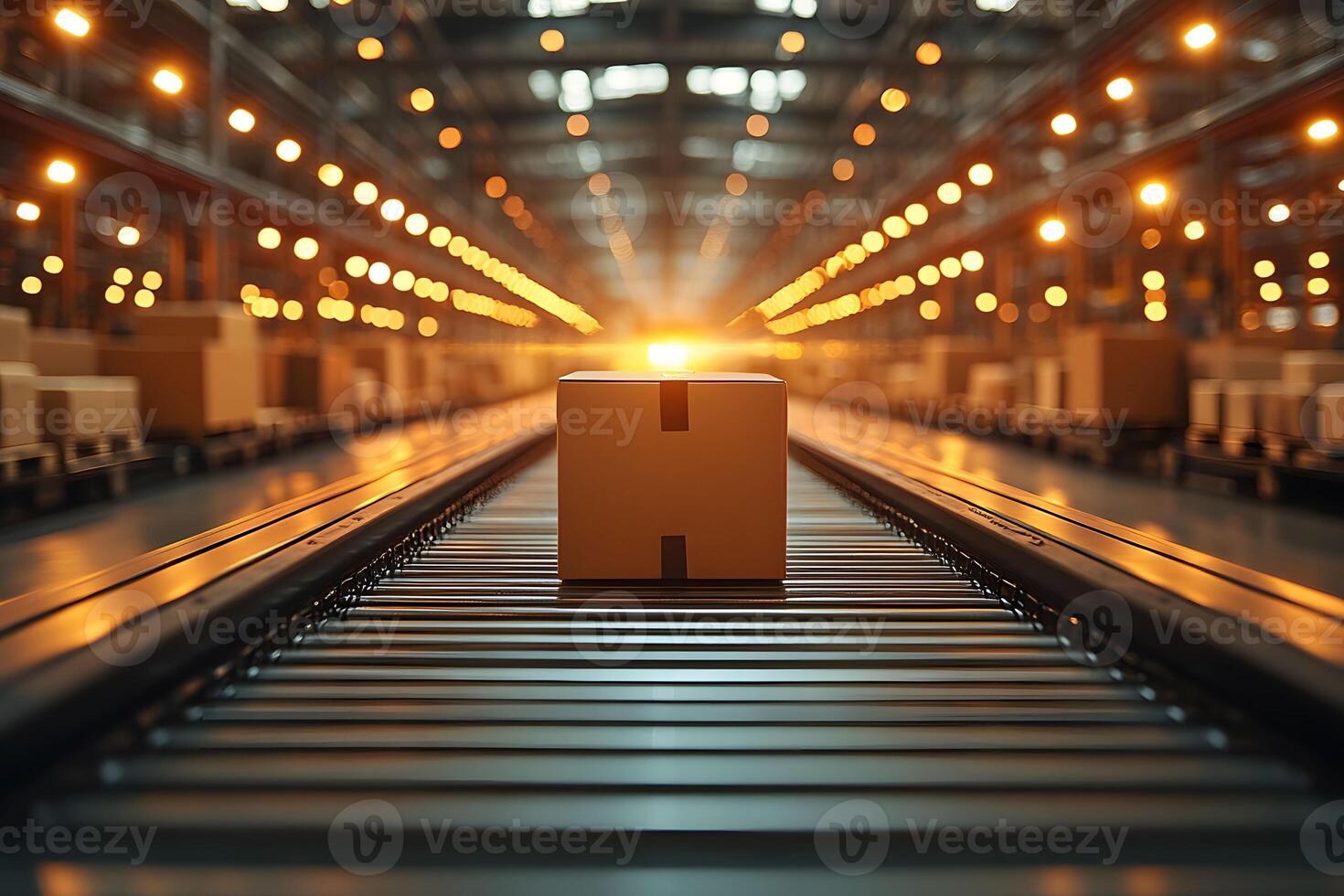 Automated Warehouse Conveyor System with Cardboard Boxes and Glowing Background photo