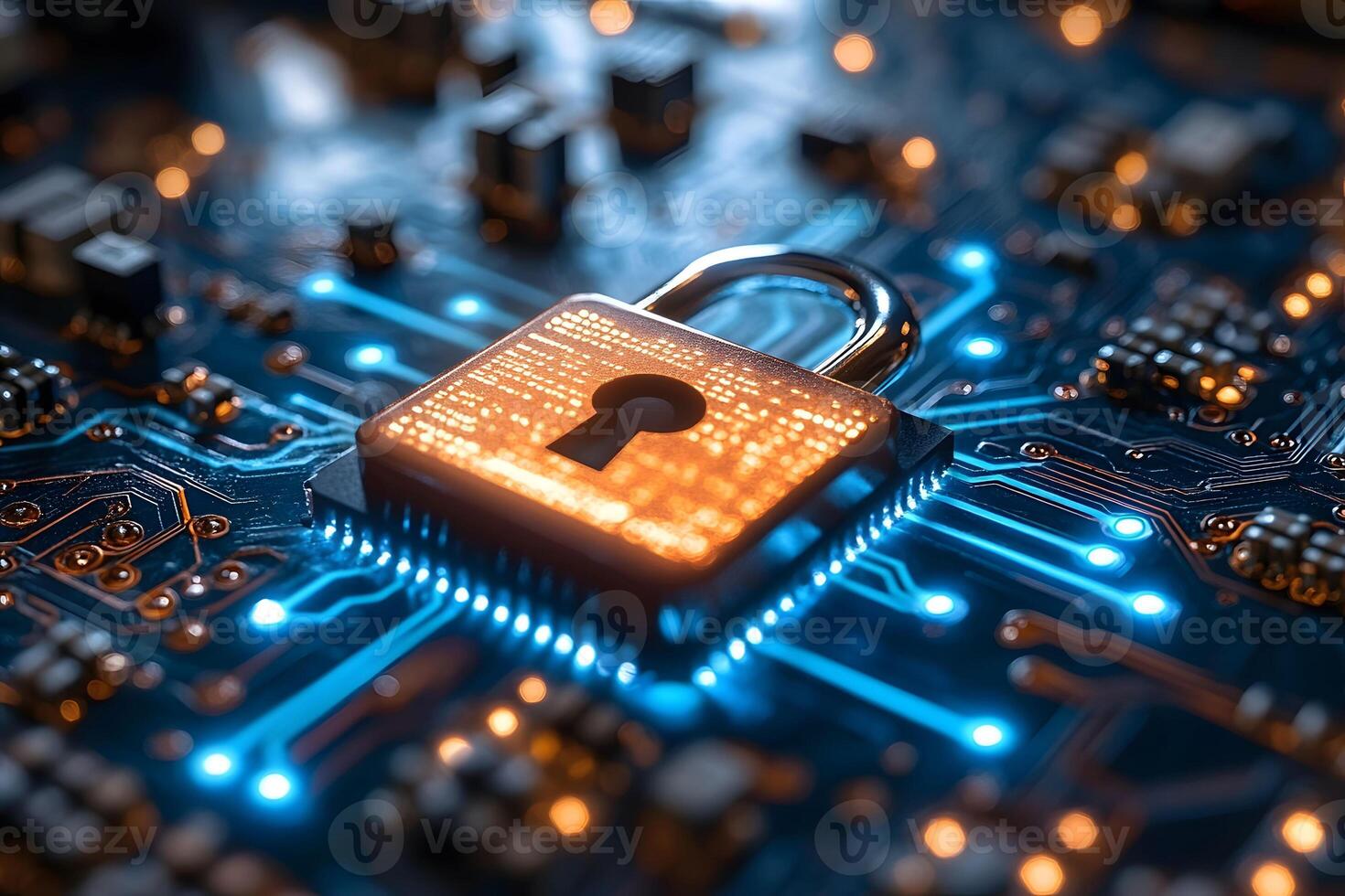 Cybersecurity Concept Locking Digital Data on a Circuit Board for IT Security Design photo