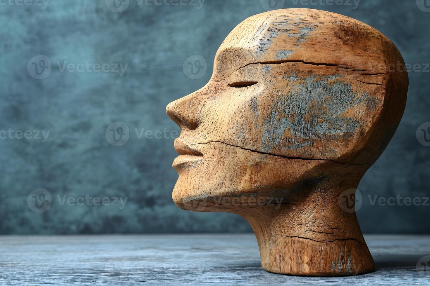 Wooden Sculpture of Face Profile on Rustic Textured Surface for Art and Design photo