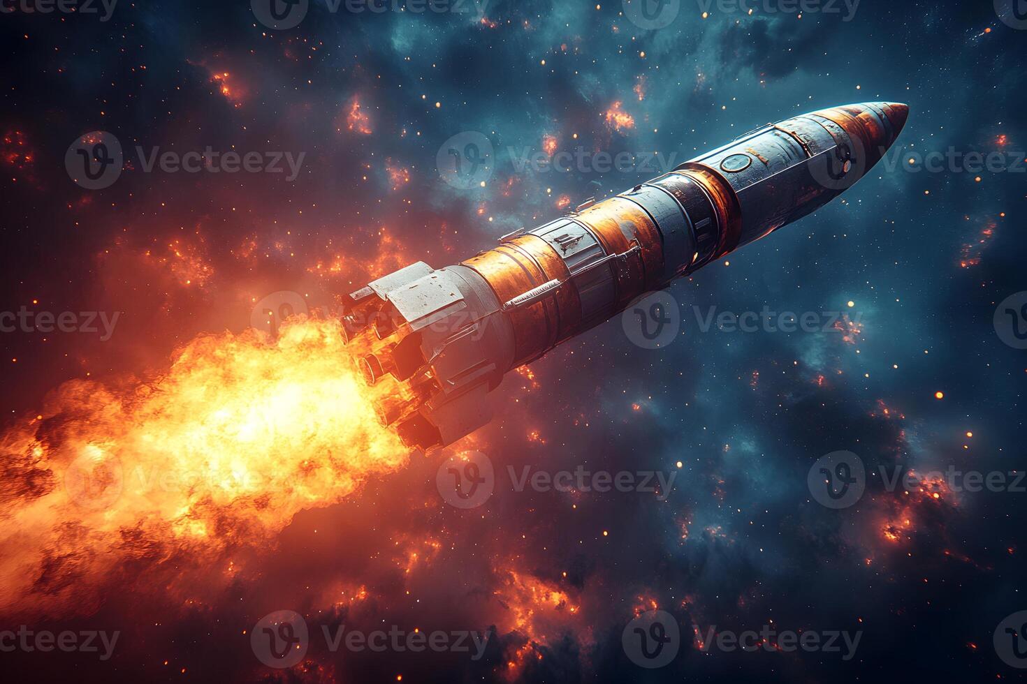 Space Rocket Launching into Galaxy with Fiery Exhaust and Celestial Background photo