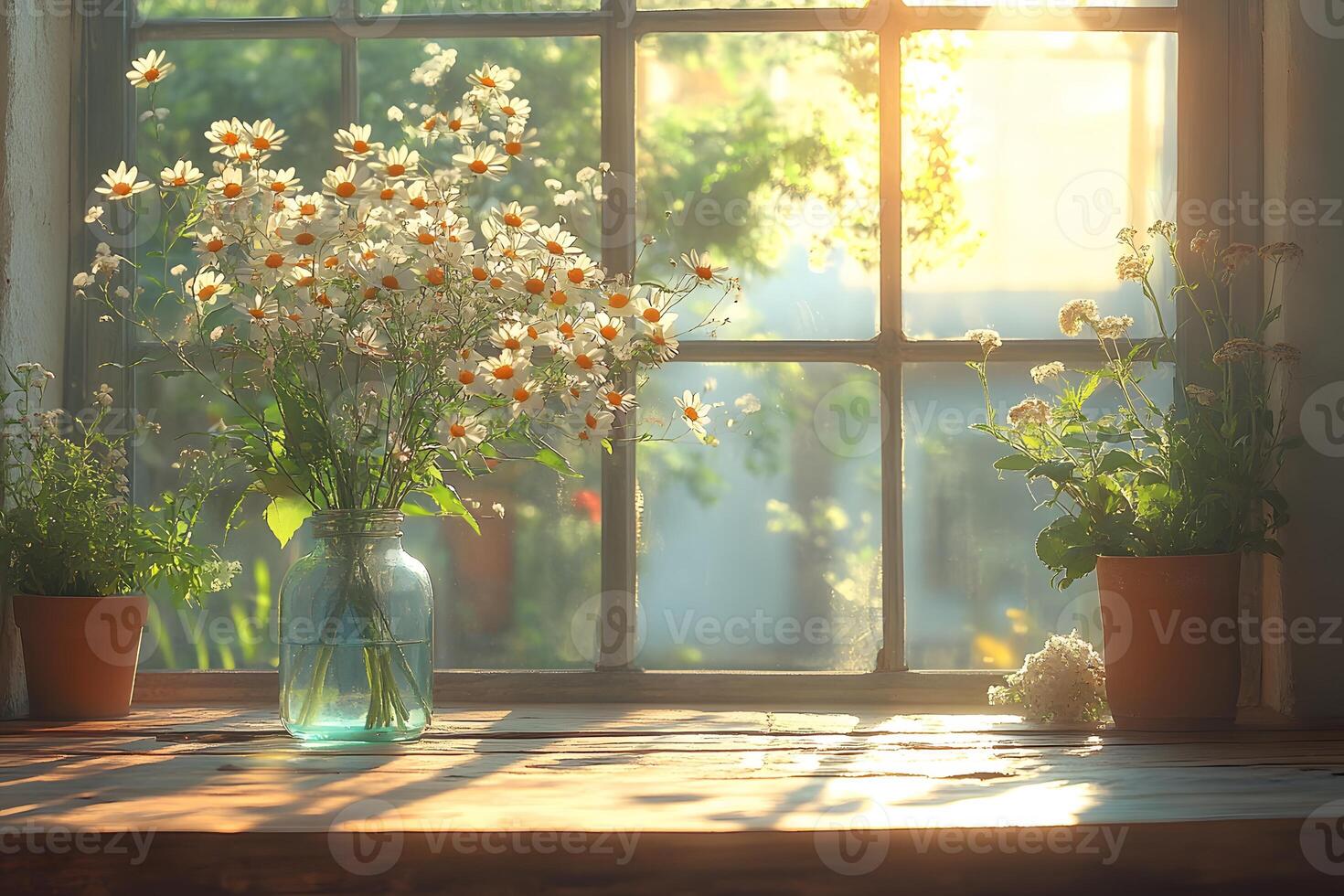 Sunlit Rustic Window with Wildflowers for Tranquil Home Decor photo
