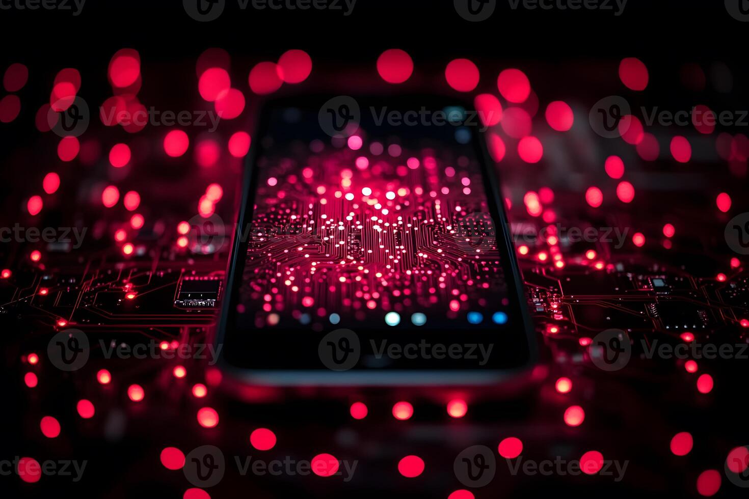 Futuristic Smartphone Circuitry with Red LED Lights for Technology Design photo
