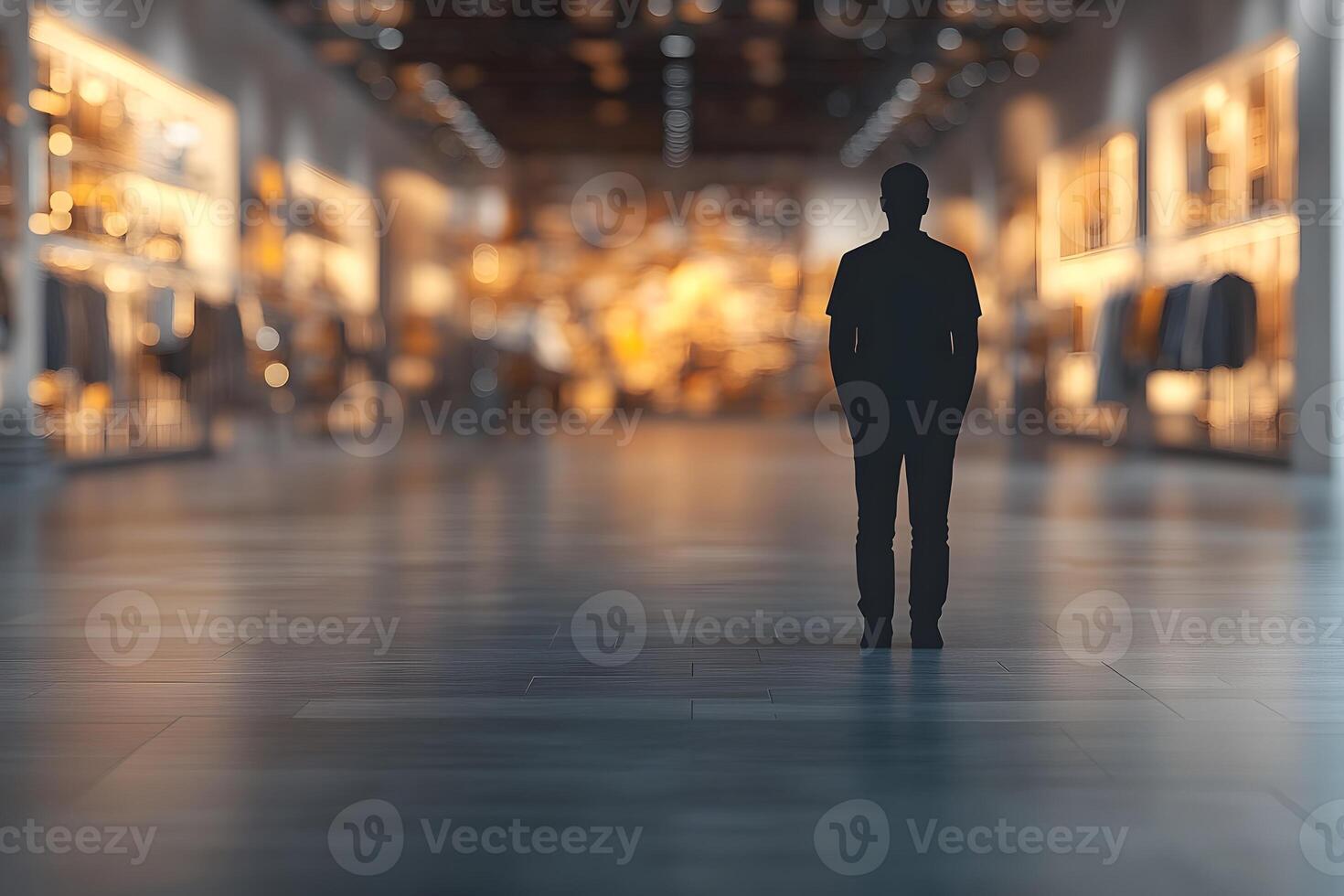 Silhouette of a Person in a Modern Shopping Mall Interior at Night photo