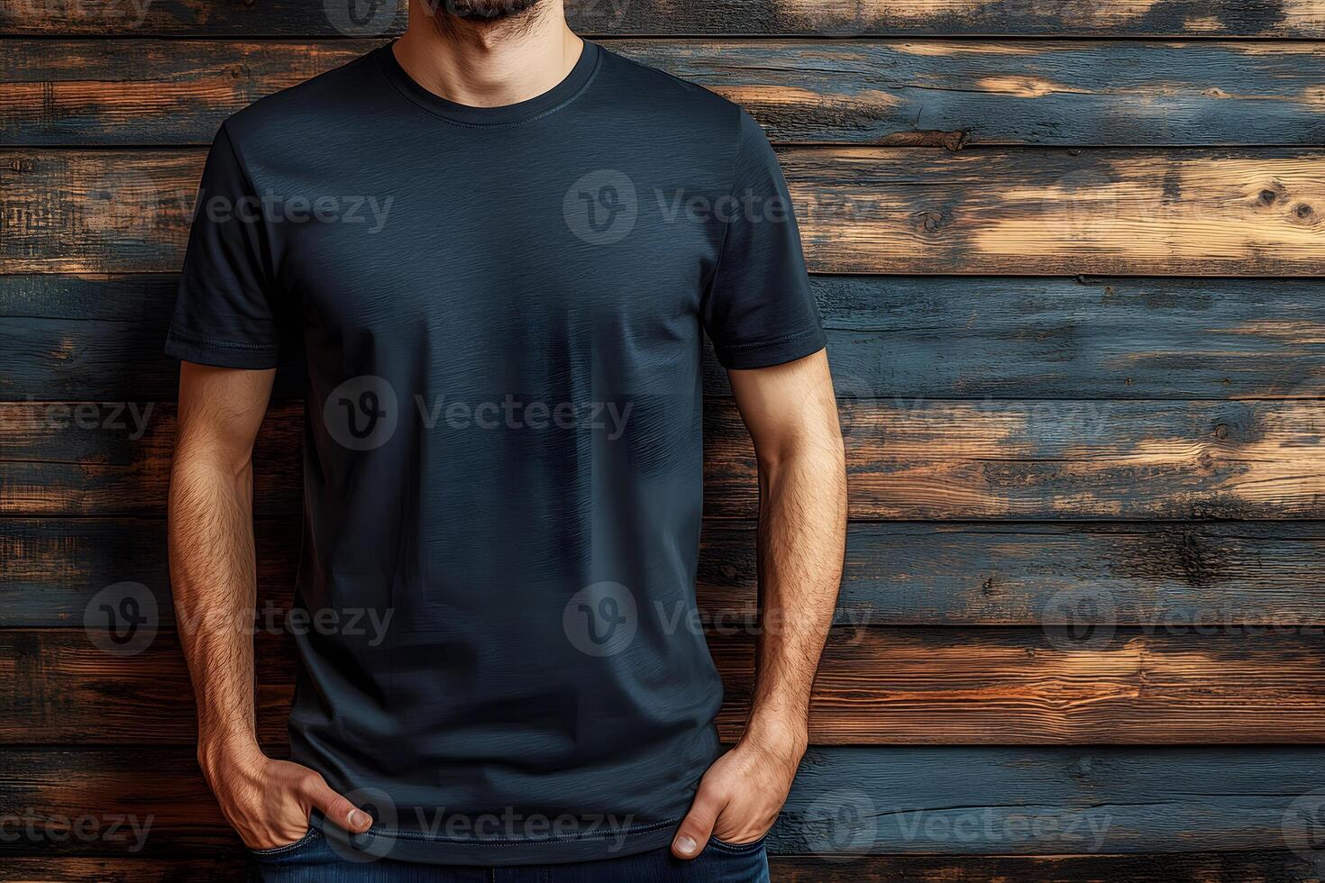 Casual Fashion Concept Featuring Blank Black T-Shirt Against Rustic Wooden Background photo