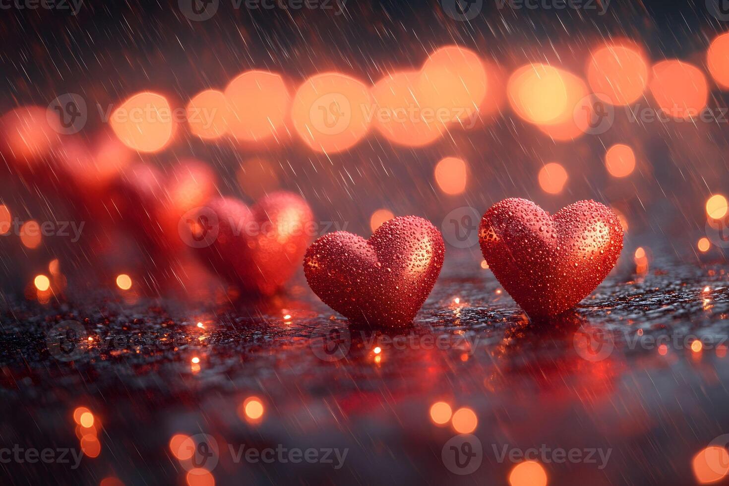 Romantic Rainy Night Heart-Shaped Lights and Raindrops for Valentine's Design photo