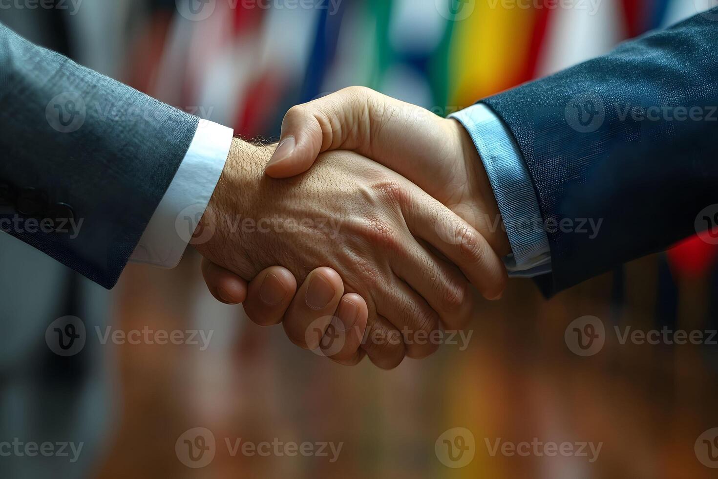 Business Handshake Against International Flags Background for Global Partnership Concept photo