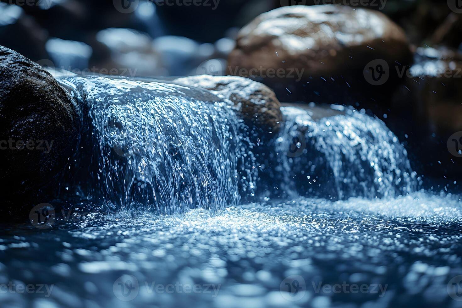 Tranquil Flowing Stream with Glistening Water Over Smooth Rocks for Nature Serenity Designs photo