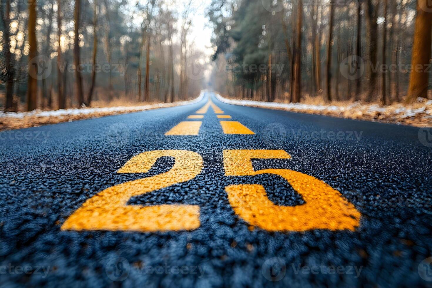 Perspective of Distant Open Road with Yellow 25 Marking in Autumn Forest Setting photo