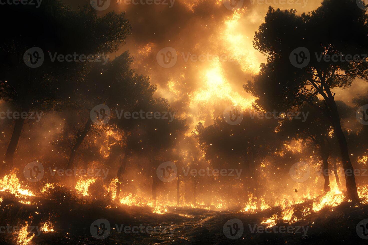 Forest Fire Inferno Dramatic Wildfire with Flames and Smoke in Pine Trees Wilderness photo