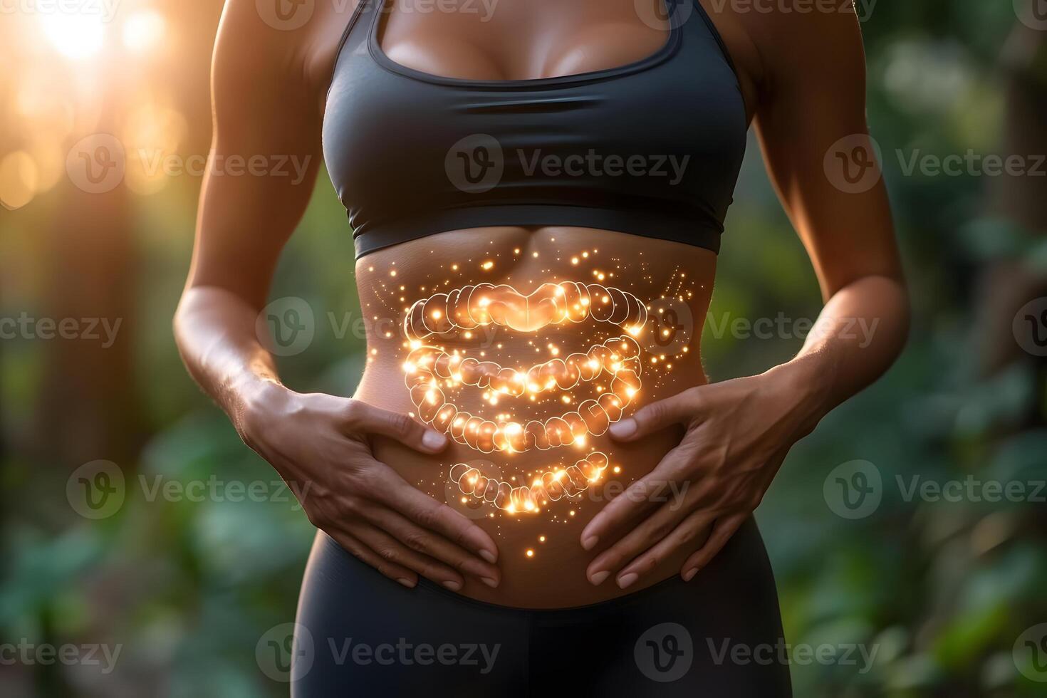 Holistic Health and Wellness Woman Embracing Magical Gut Healing in Nature photo