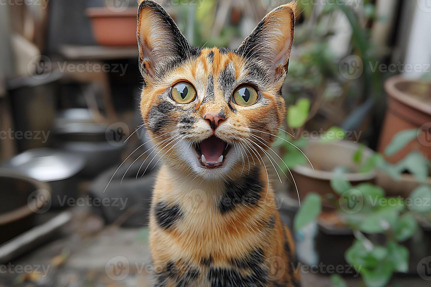 Playful Calico Cat in a Garden Setting for Pet and Nature Themes photo