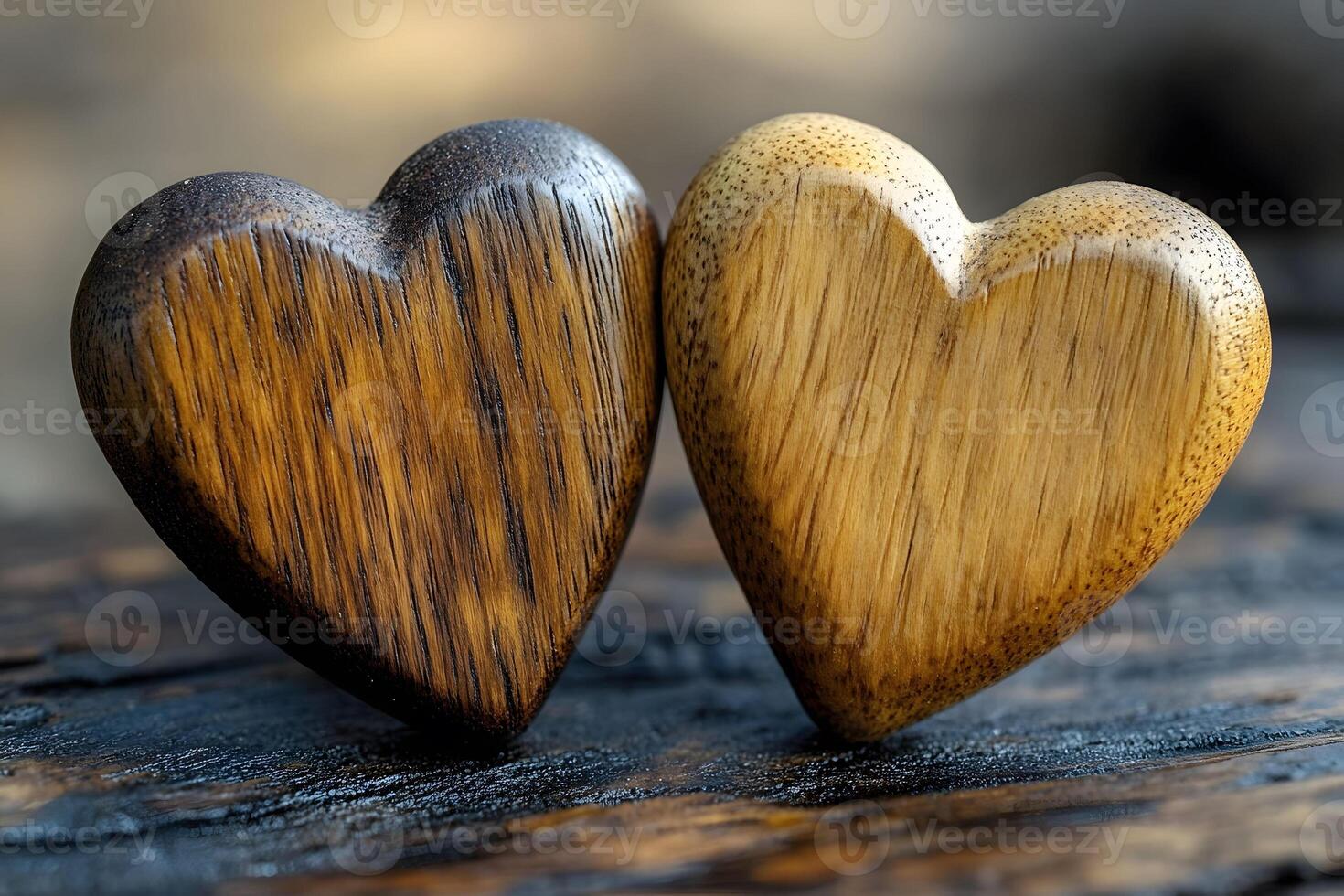 Rustic Wooden Heart Sculptures Symbolizing Love and Togetherness - Ideal for Valentines or Wedding Decor photo